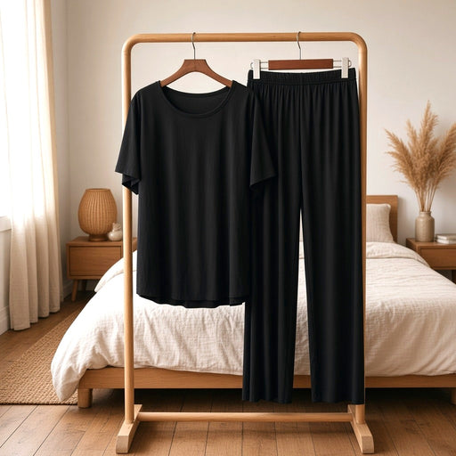 Peony Bamboo Ribbed Culottes Set - Black