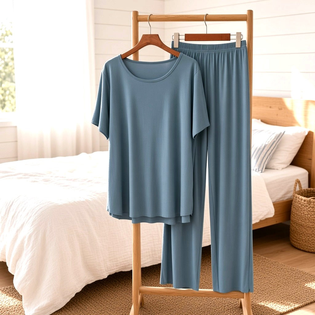 Peony Bamboo Ribbed Culottes Set - Dusty Blue